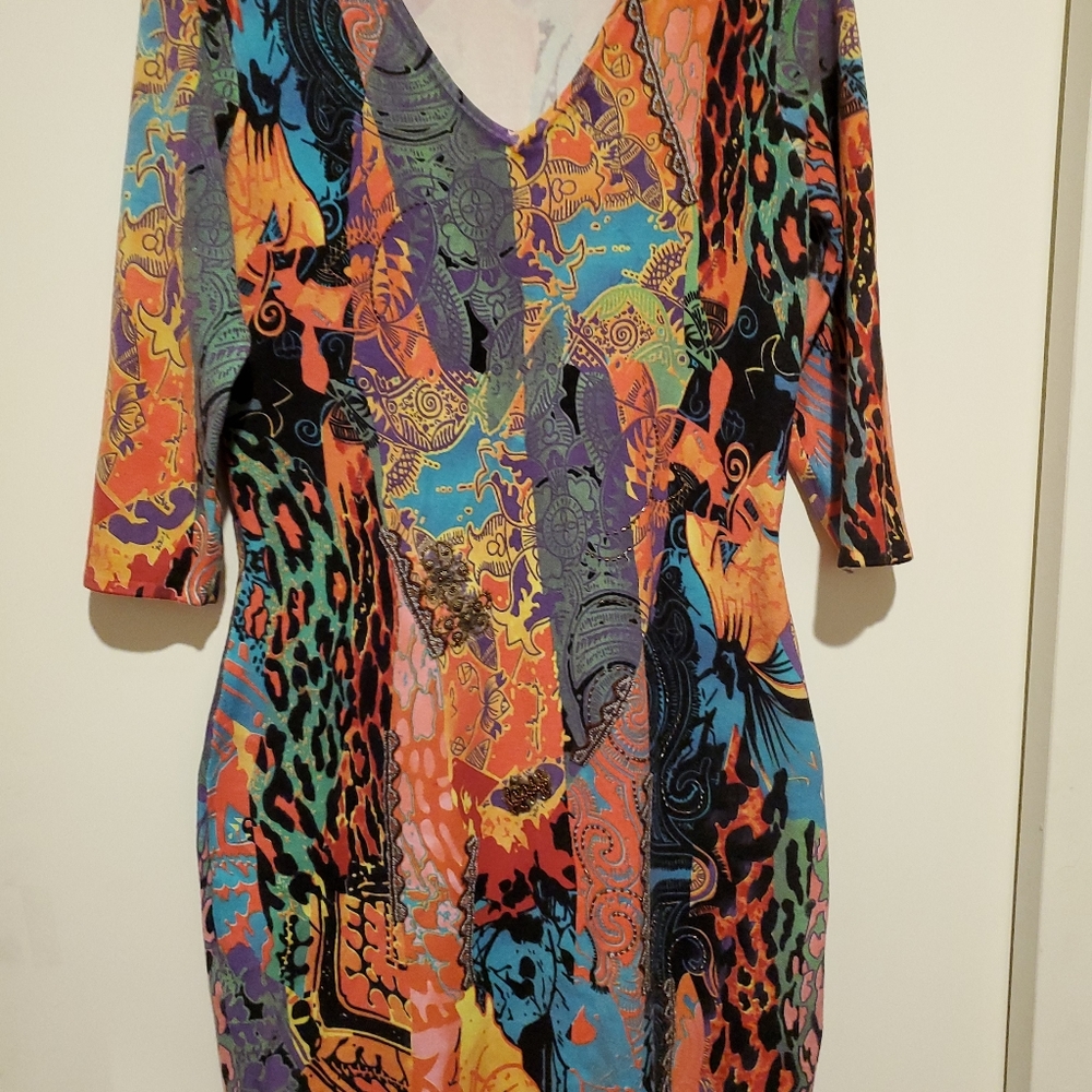 Alberto Makali Knit Embellished Animal Print Dress